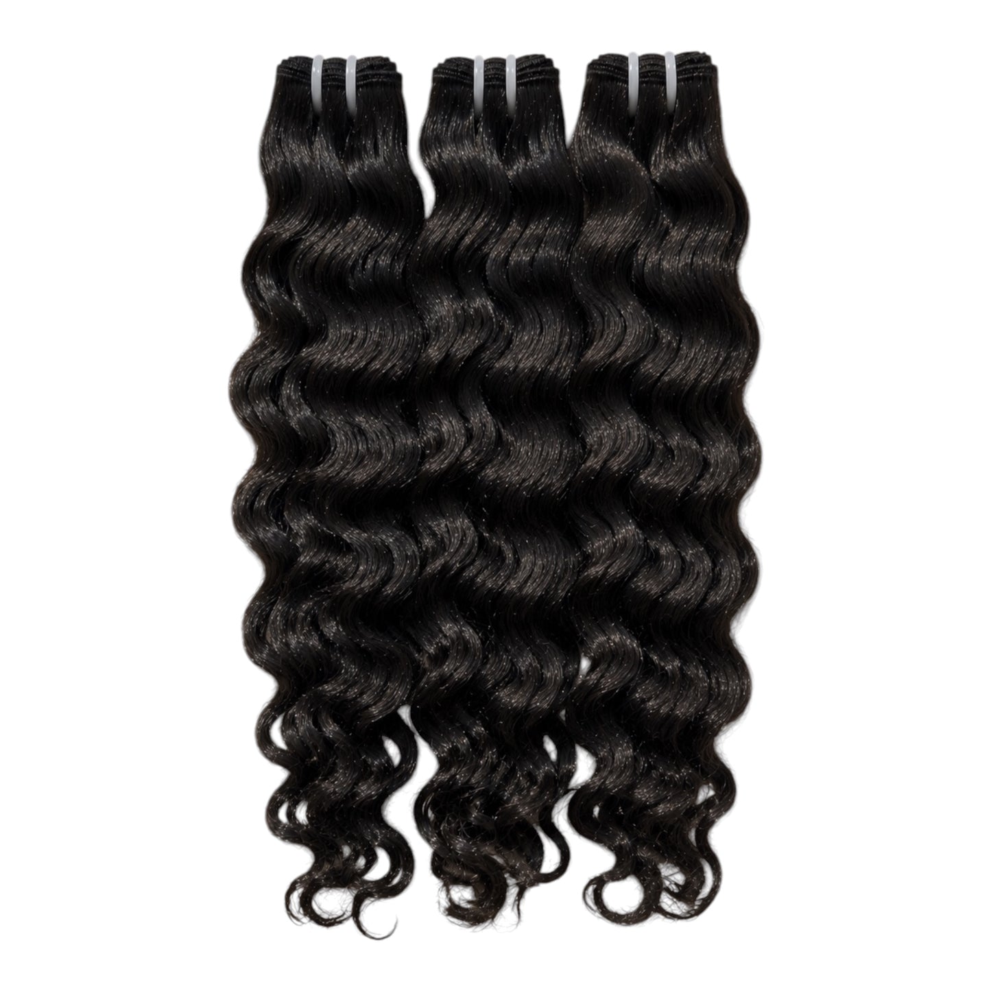 Three bundles of black raw indian curly wave hair extensions displayed vertically against a plain white background.