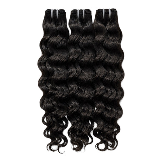 Three bundles of black raw indian curly wave hair extensions displayed vertically against a plain white background.
