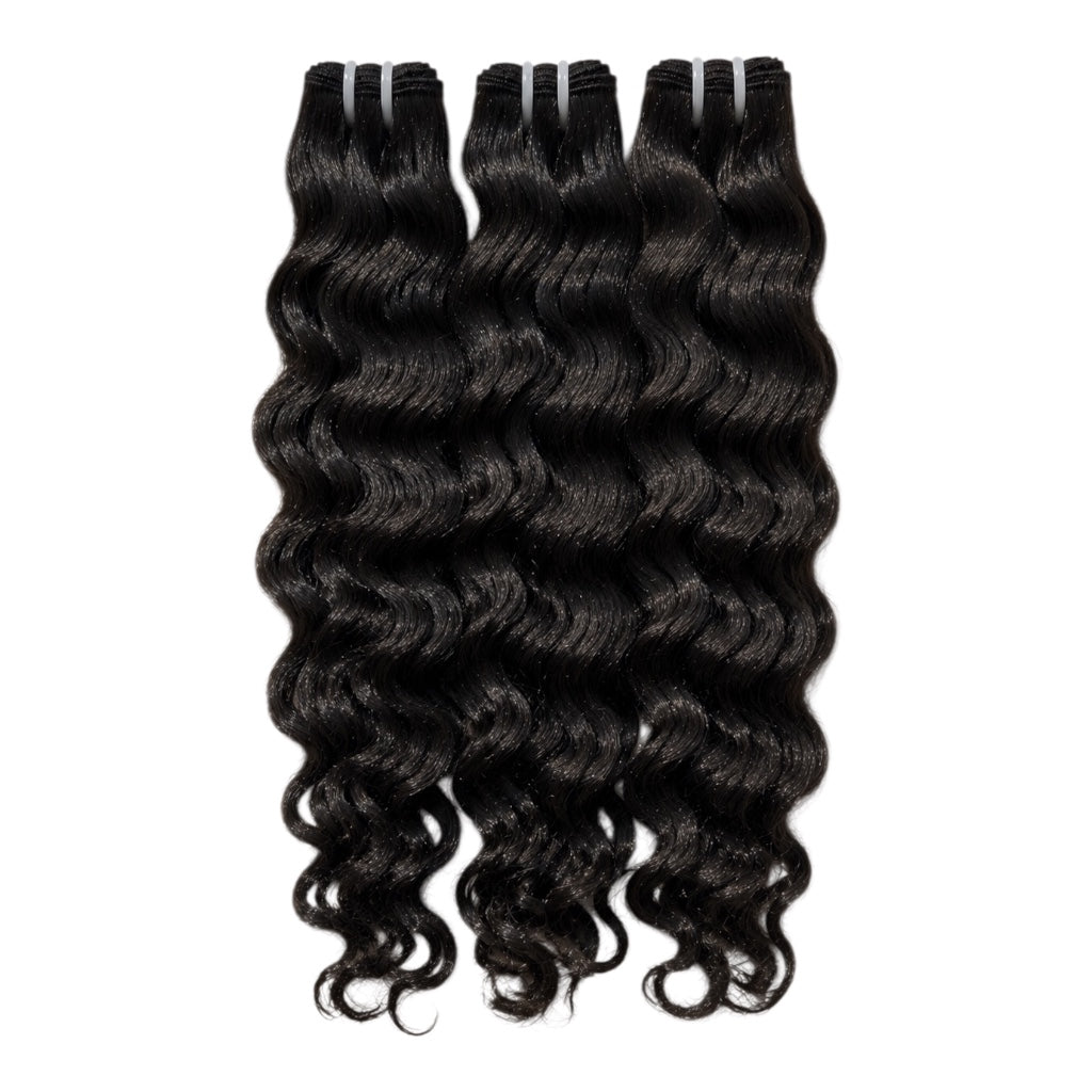 Three bundles of black raw indian curly hair extensions displayed vertically against a plain white background.