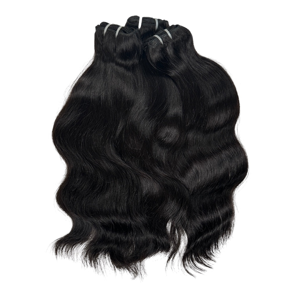 Three bundles of black RAW INDIAN  wavY hair extensions tied together at the top, displayed against a solid white background.